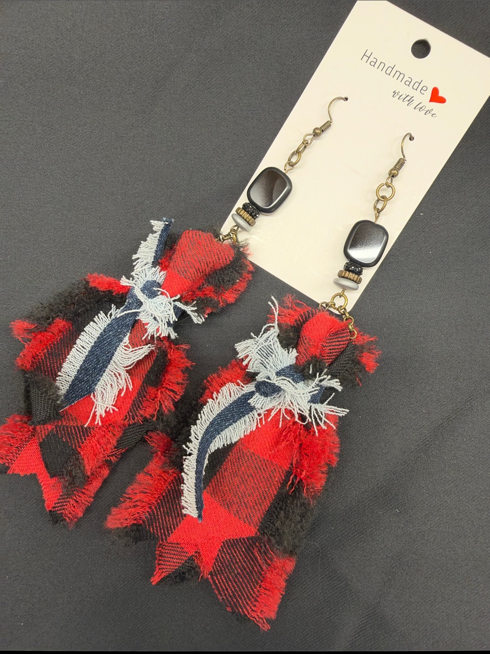 NEW Handmade Red Plaid and Denim Fringe Drop Earrings by